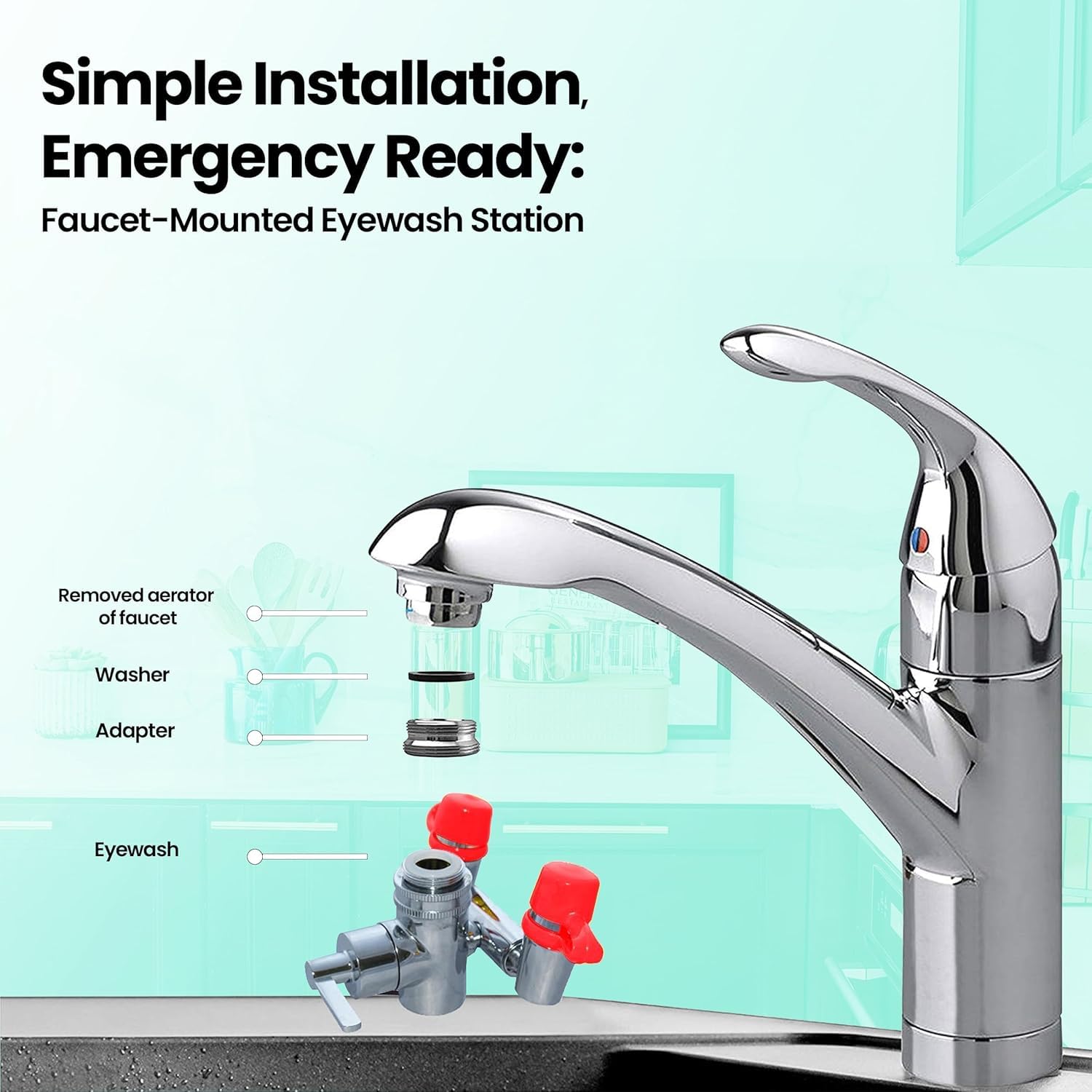 Skywin Kit de lavage oculaire – (lot de 3) Fixation d'évier d'urgence pour station de lavage oculaire – 1 station de lavage oculaire à flux continu, 3 adaptateurs d'évier communs, 2 étiquettes