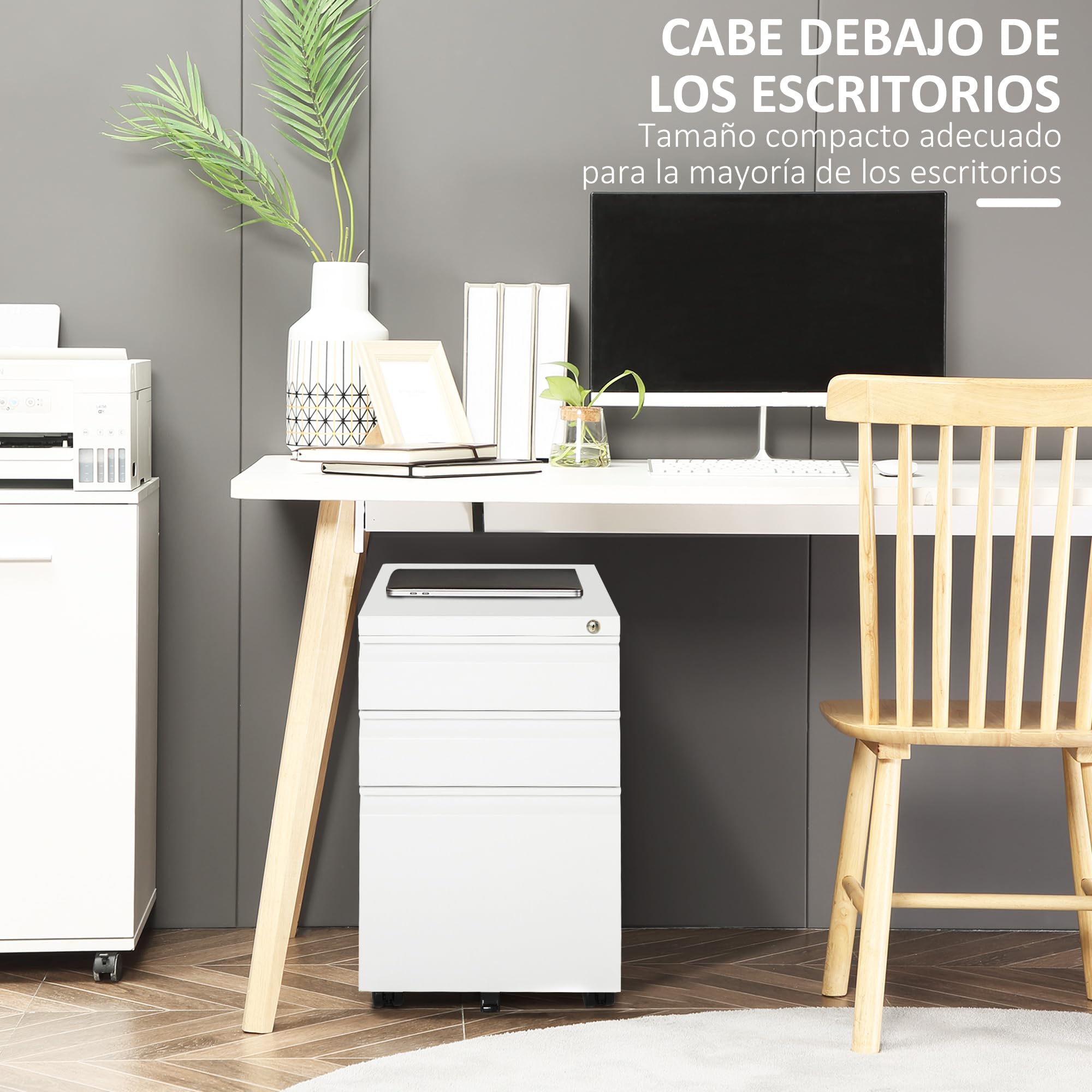 Vinsetto Cajonera de Oficina Mueble Archivador de Acero con 4 Ruedas 3 Cajones Cerradura y 2 Llaves para Tamaño A4 Carta para Estudio Salón 39x48x60 cm Blanco