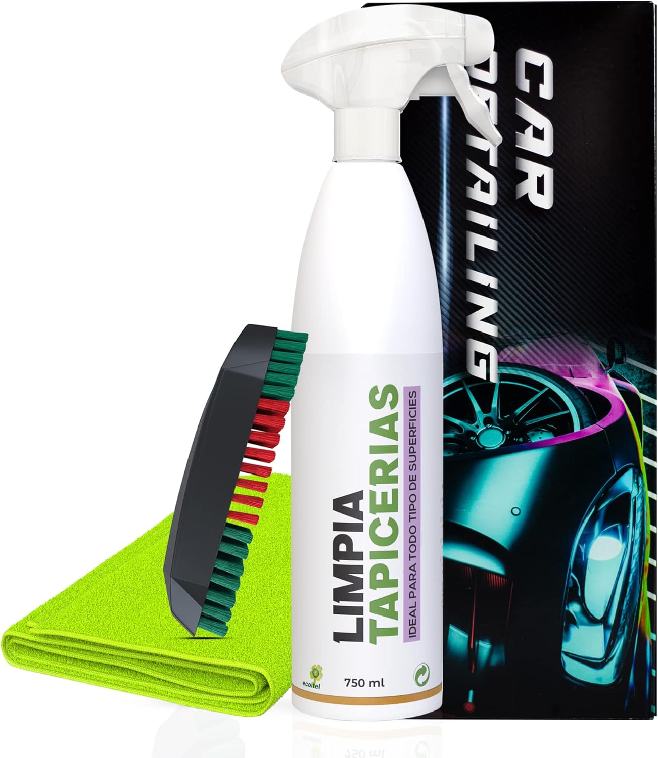 Limpia Tapicerias Coche 750ml Eliminador de Malos Olores con Efecto Renovador - Limpiador Tapiceria Coche con Cepillo de púas Profesional y bayeta Microfibra- Limpia Tapicerias Ideal para Coche