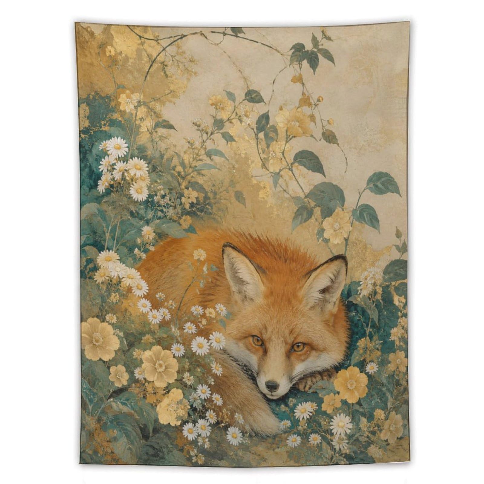 W7C8U2X3 Fox Floral Meadow Wall Tapestry, Impressionist, Ceiling Hanging