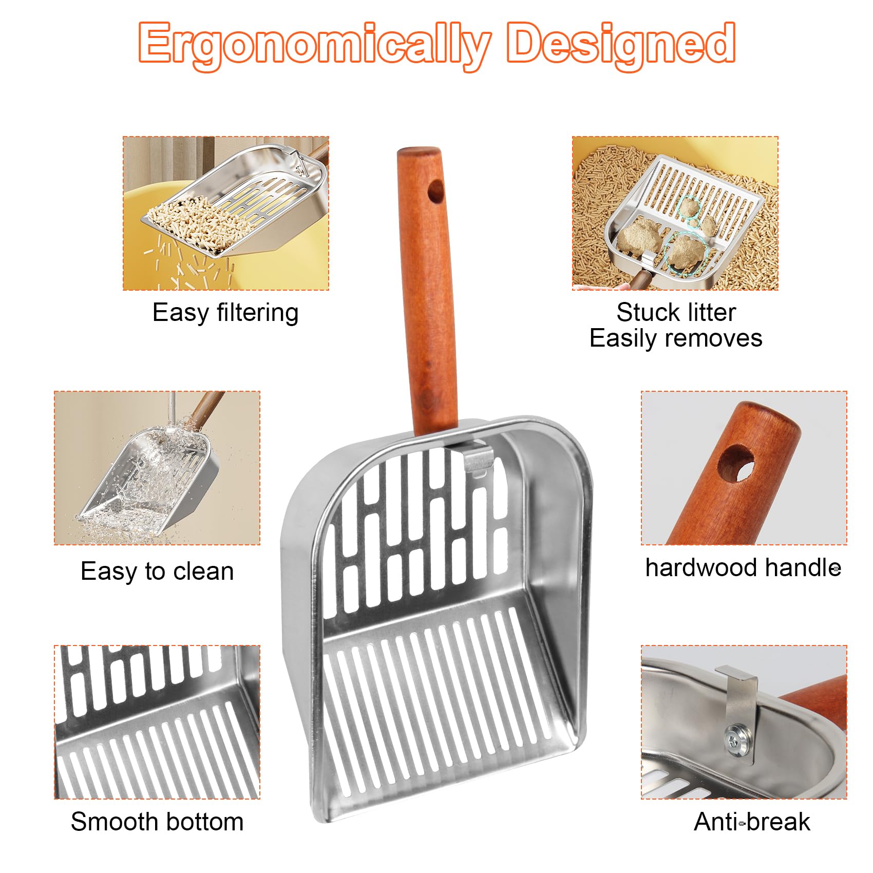 Stainless Steel Cat Litter Scoop with Holder, Kitty Poop Scooper Stand for Litter Box, Fast Sifting Non-Stick Cat Poop Scooper with Coarse and Fine Grids for All Litter Pan, Green - image 3