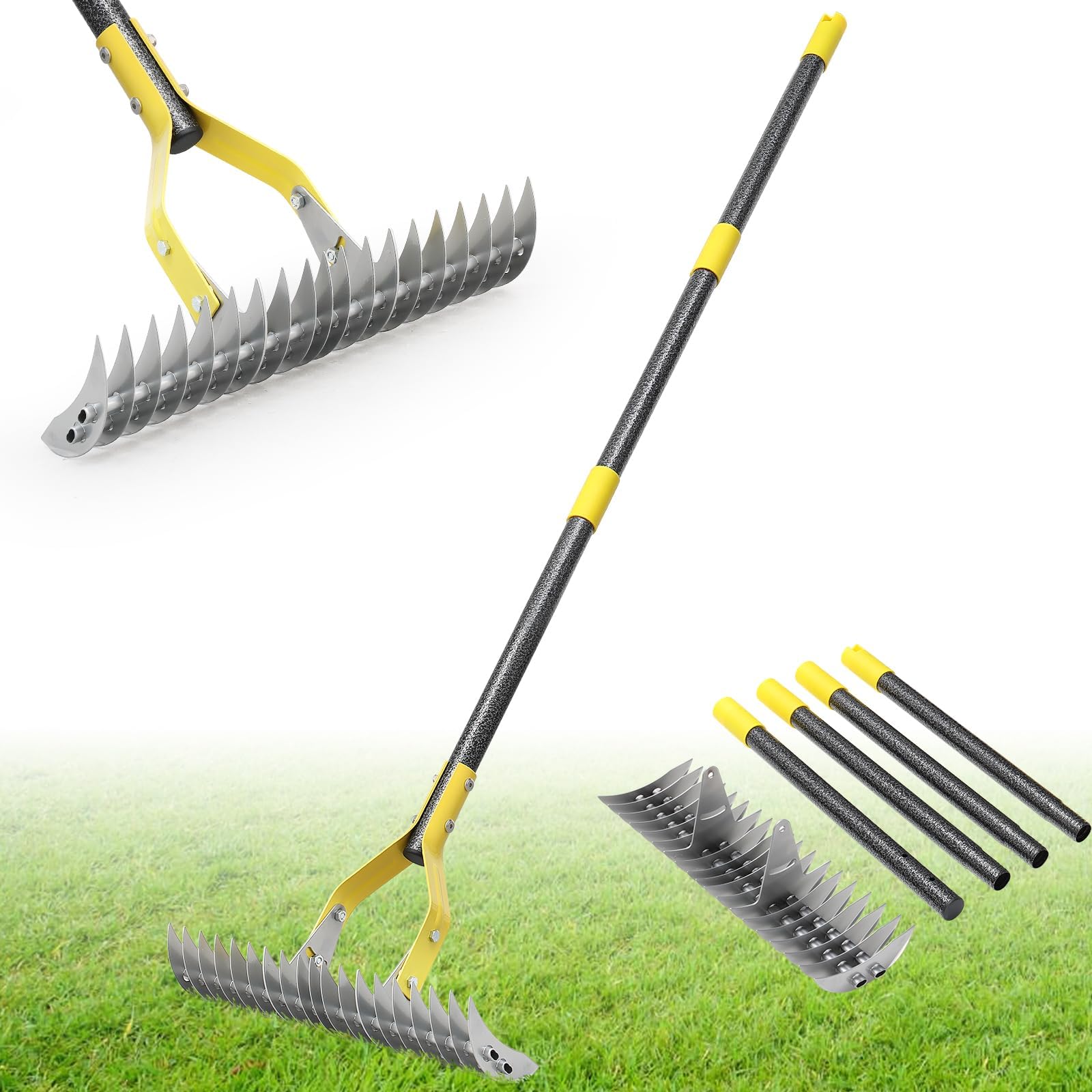 Harrms Thatch Rake, Garden Scarifying Rake Heavy Duty with 19 Steel Teeth 178cm, 38cm Wide Manual Dethatcher & Scarifier Tool for Lawn Scarifying, Moss & Grass Removal, Soil Levelling, Lawn Aeration