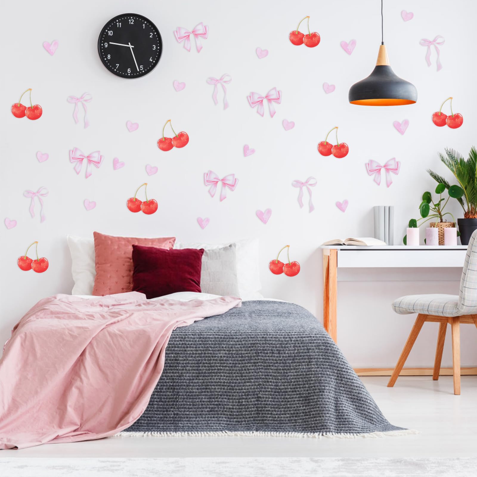 MOROBOR Pink Bow Wall Sticker 8 Sheets Removable Waterproof Self Adhesive Color Interior Wall Decoration 20 * 30cm Bow Cherry Heart Pattern Tile Sticker for Bedroom Living Room Refrigerator