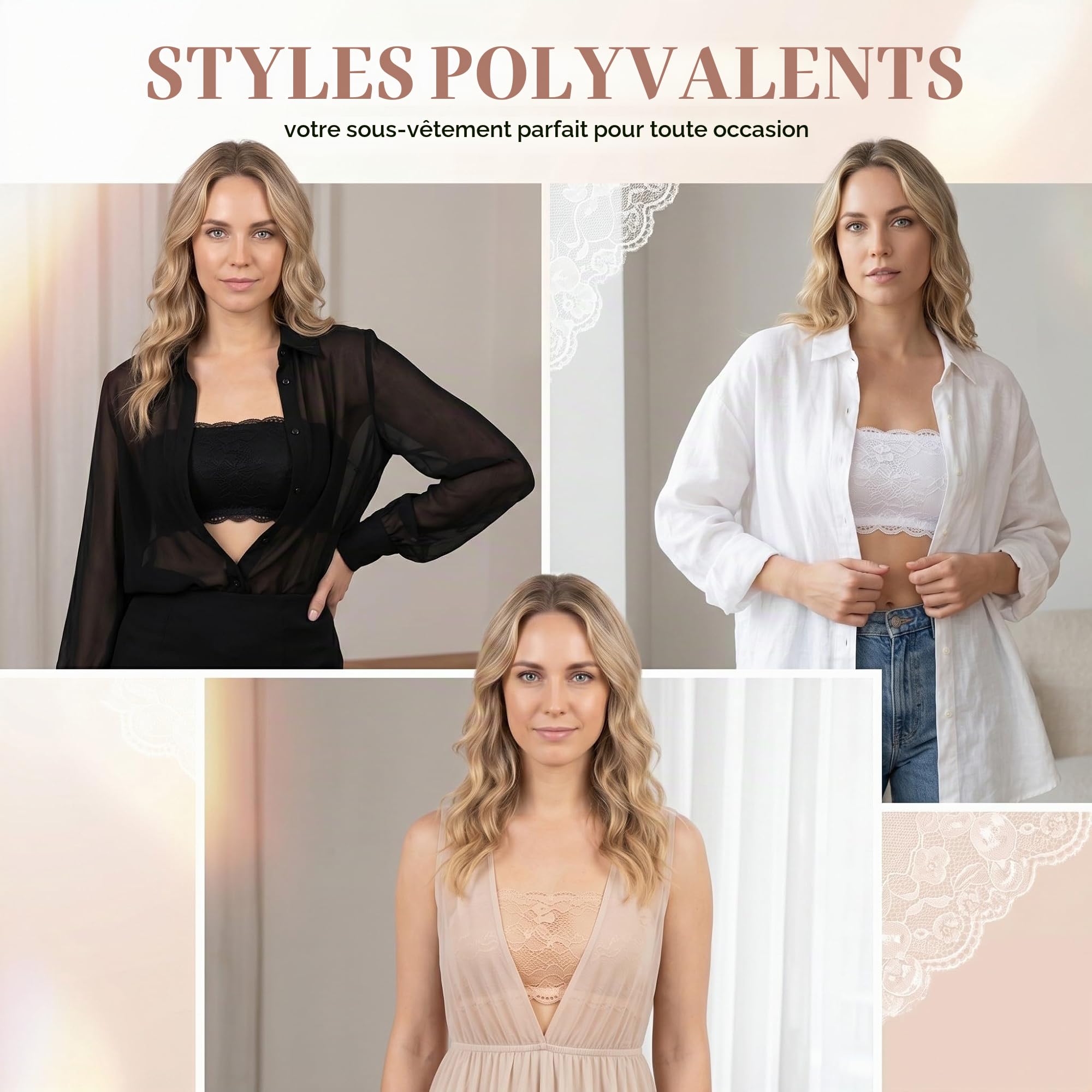 Lot de 3 Soutien Gorge Bandeau sans Bretelles en Dentelle pour Femme, bandeau dentelle, Hauts sans Bretelles, Bandeau Poitrine femme, Noir, Blanc et Beige, Taille Unique 28x10cm