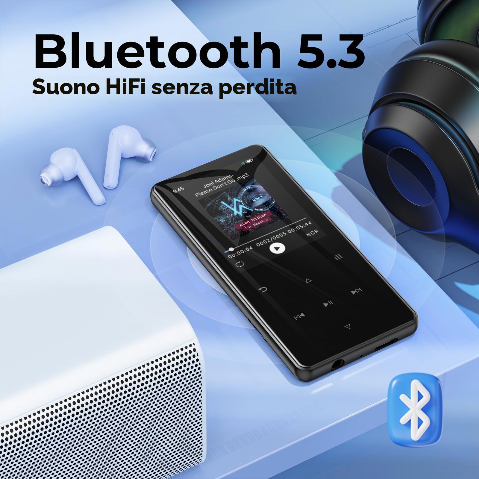 64 GB Lettore MP3 Bluetooth 5.3,Schermo 2,4 pollici altoparlante integrato | Lettore MP3 bambini con radio FM, registratore, e-book e auricolari inclusi,Scheda di memoria espandibile fino a 128 GB