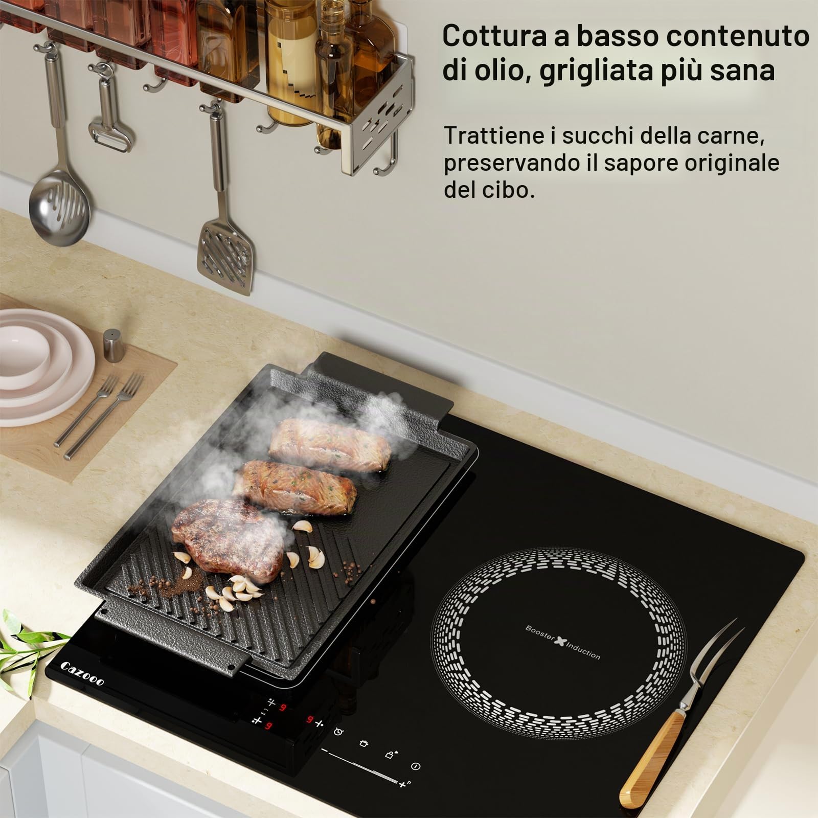 Piastra di cottura 38x21 cm con maniglie laterali e foro per appendere, plancha liscia con rivestimento in ghisa antiaderente per tutti i tipi di piani cottura, compresi induzione e forno