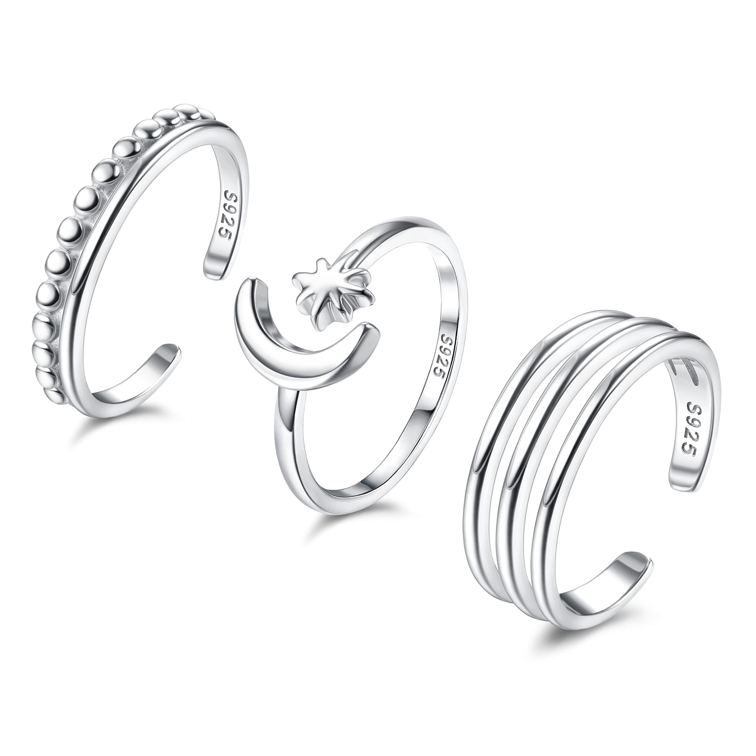 KRFY925 Anillos para Pies de Plata Esterlina para Mujer Anillos Meñique de Banda Ajustable Joyería Minimalista de Pie de Playa 3pcs Conjunto de Anillo de Punta Abierta