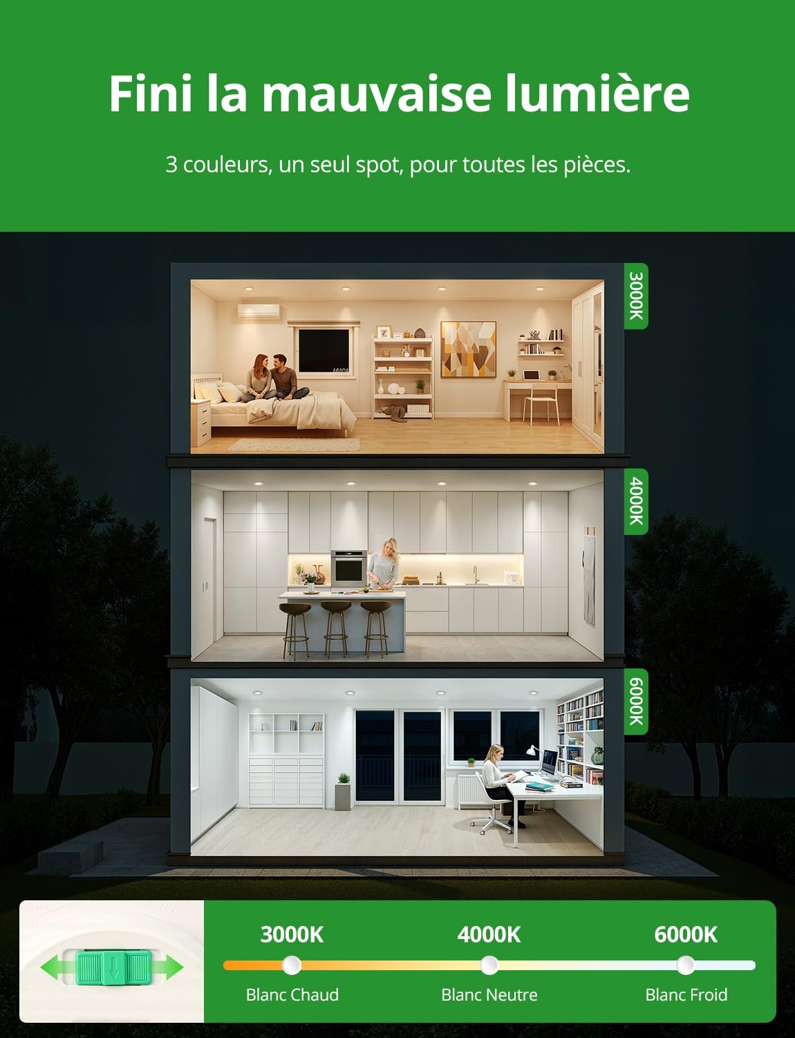 HOMEOW Spot Led Encastrable Anti-éblouissement 7W COB 660LM 68mm-80mm Découpe 3 Températures de Couleur IRC 95 IP44 Lot de 6