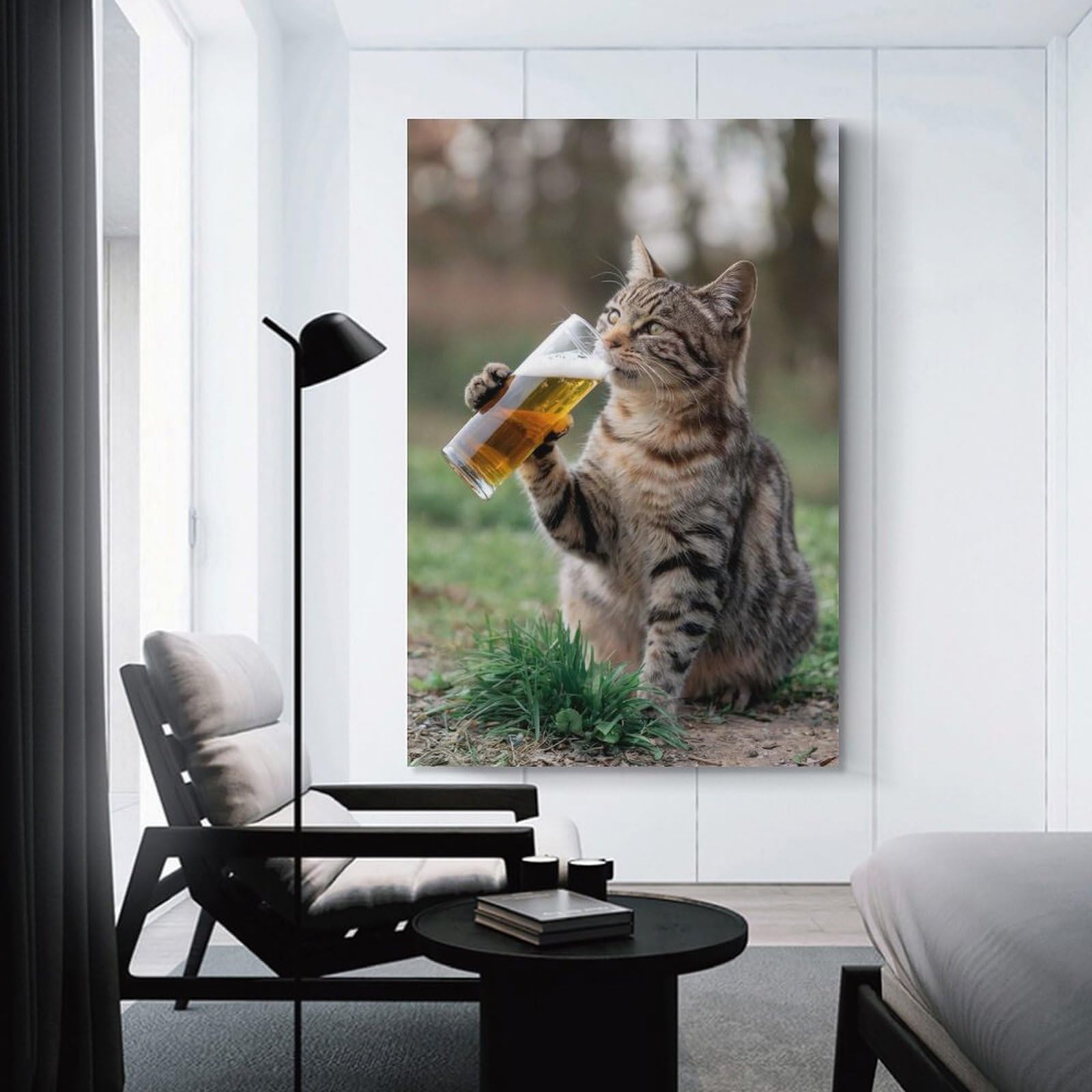 Junmoney Unframe-Style-13 Cat Enjoying A Sip Of Beer Decorative Wall Artwork 08X12inch(20X30cm), For Corridors, Hallways Or Apartment Entries, Home Artwork For First Impressions