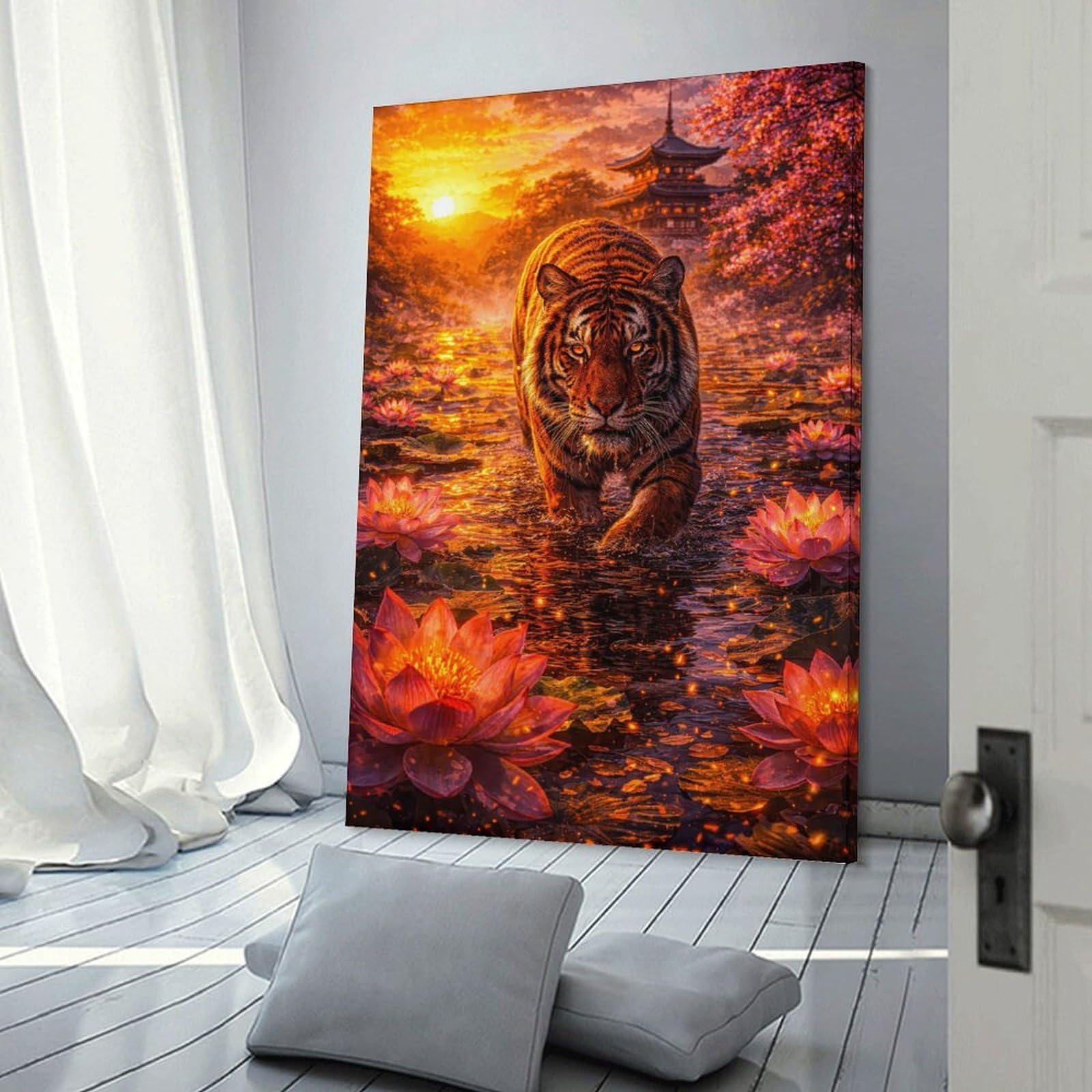 Junmoney Canvas Wall Art Tiger in A Lotus Pond at Sunset, 20x30inch(50x75cm), for Lounge Decor, Bedroom Walls Or Flats, A Home Accent with Warm Character