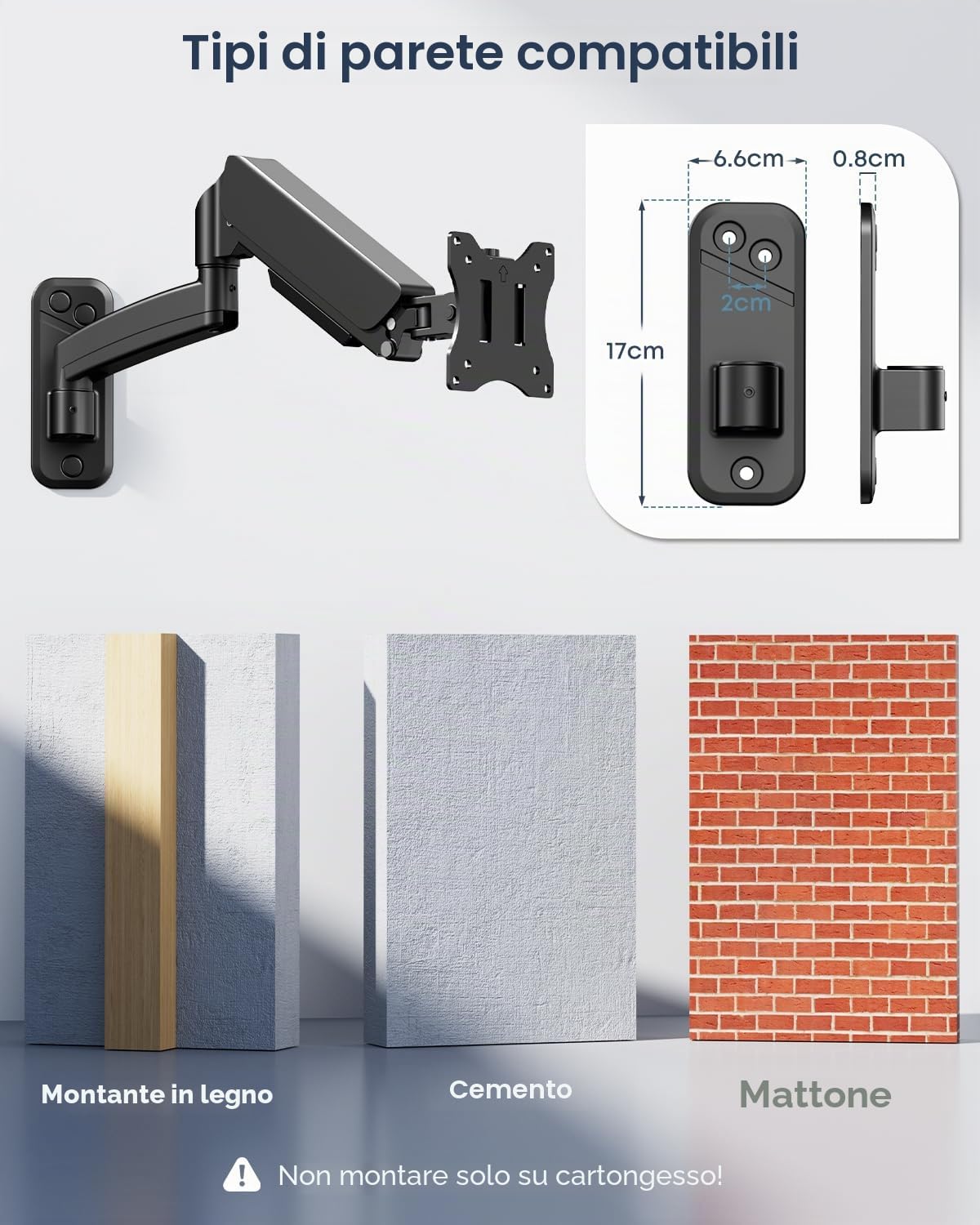 WORLDLIFT Supporto Monitor Muro da Parete per PC e TV – per Schermi 17-32 Pollici - Braccio Singolo con Molla a Gas Ergonomico Regolabile, VESA 75x75, 100x100 mm, 8 kg