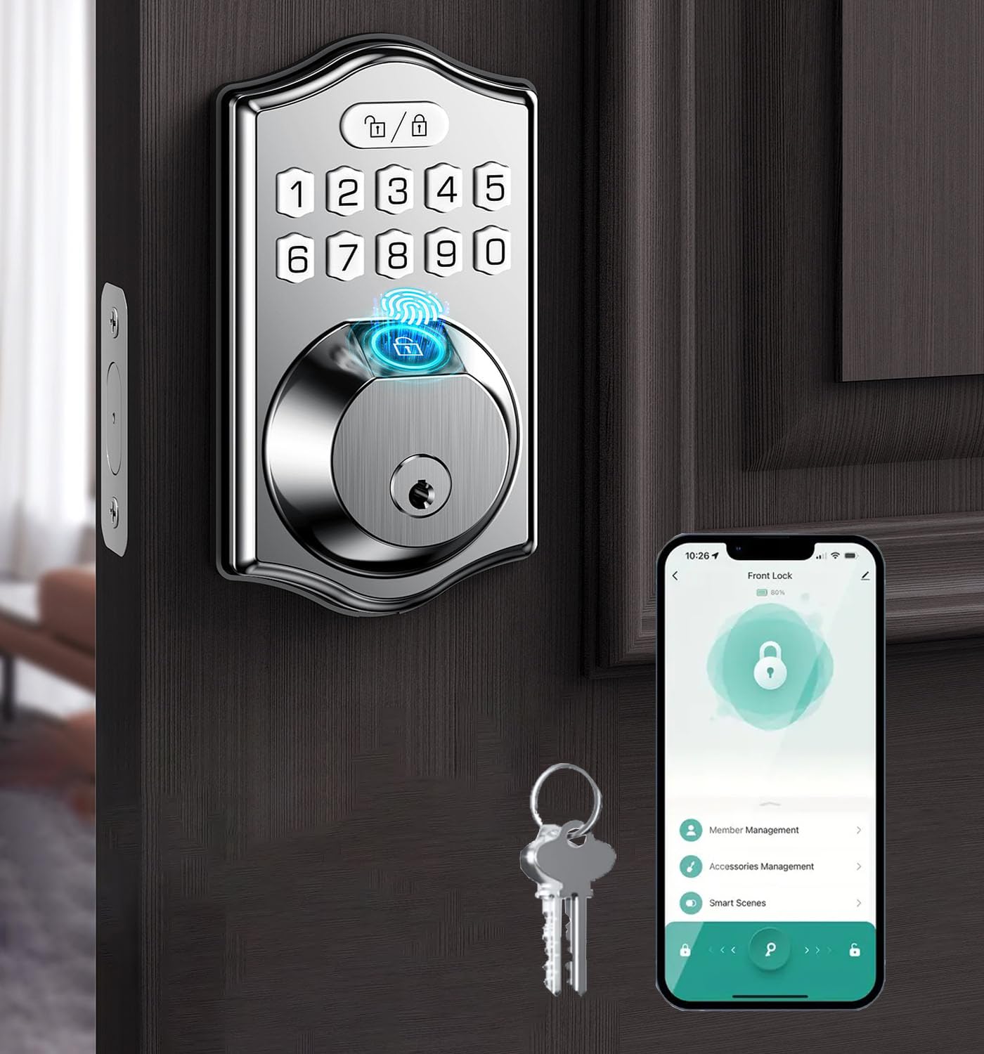 Koeay Security Smart Lock, Keyless Entry Door Lock with Keypad, Smart Deadbolt Lock for Front Door with 2 Keys, Built-in Wi-Fi, App Remote Control, Auto Lock, Easy Installation (Satin Nickel) Alloy Steel