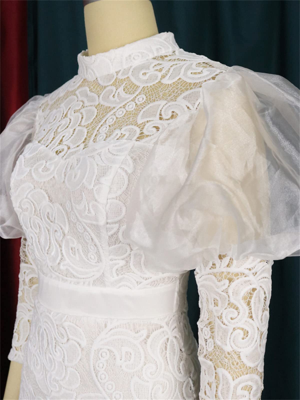 Abito da Donna in Pizzo Bianco Aderente Plus Size Abito a Tubino con Giunzione Solida a Maniche Lunghe per Cocktail Party di Matrimonio