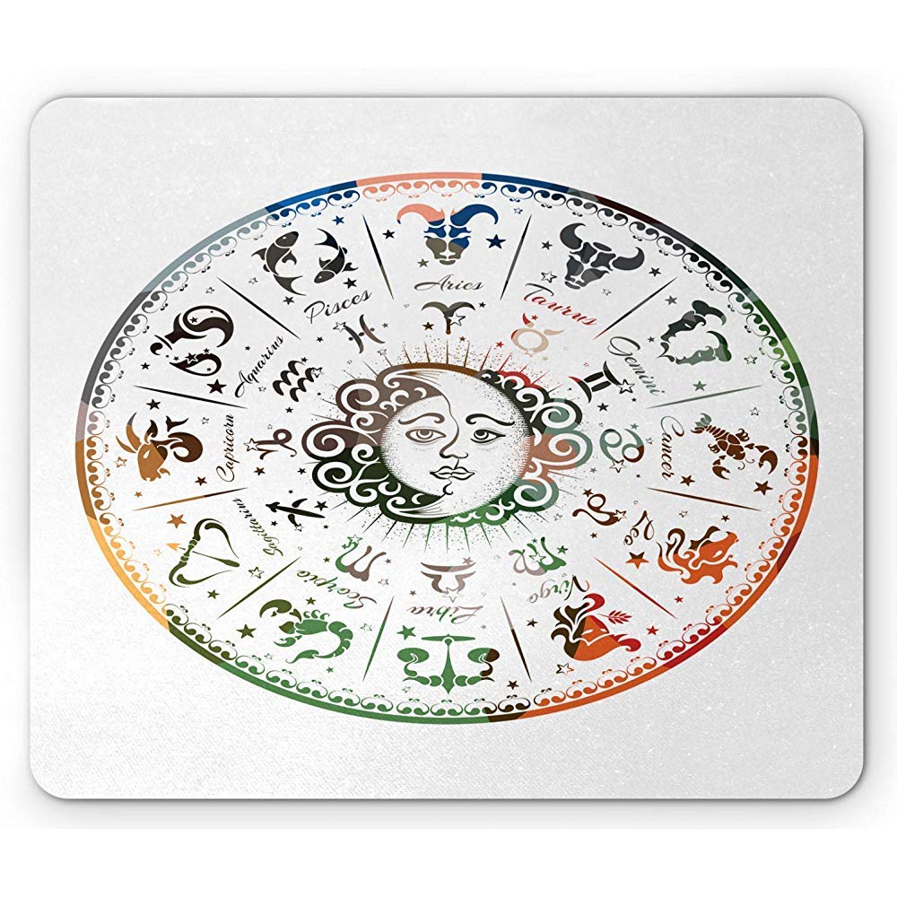 Mouse pad Mouse Mat Non-Slip-Zodiac Moon Mouse Pad,Vivid Outline Horoscope Wheel With Sun Crescent And Signs Astrological,Rectangle Non-Slip Rubber Mousepad