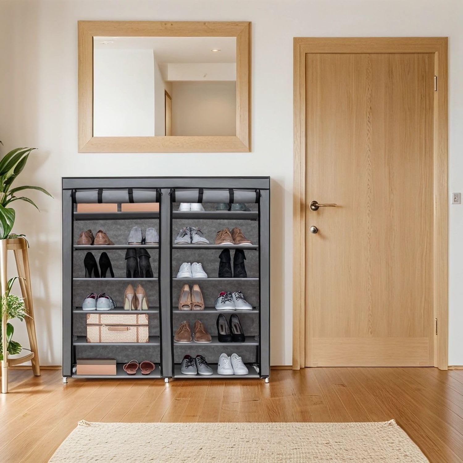 Intirilife Armoire Pliante 120x30x110 cm en Cachet Gris - Fermeture Éclair, Armoire en Tissu, Étagère à Chaussures, 12 Compartiments de Rangement, Camping, Armoire Enfichable