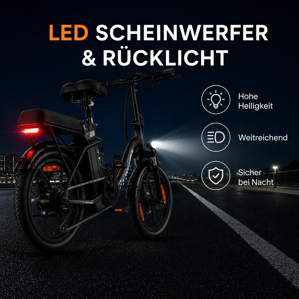 Faltbares E-Bike 20 Zoll, 250W Elektrofahrrad mit 48V 16AH Akku (100km), 7 Gang Cityrad mit Federung, LED & Scheibenbremsen, Carbonstahl-Rahmen