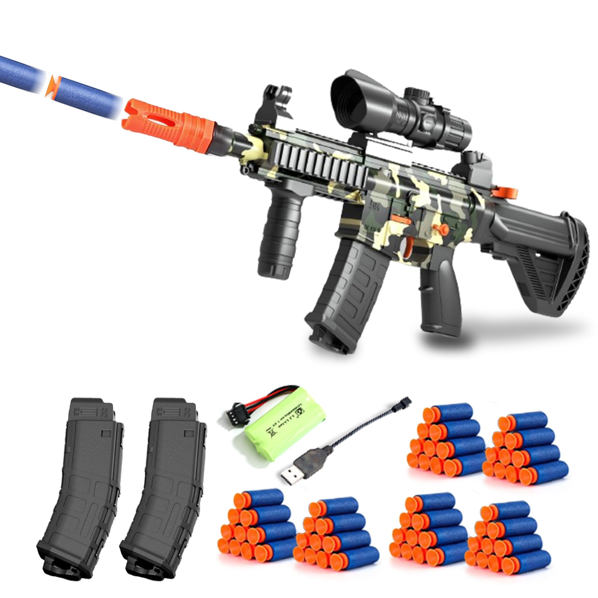 BYTEWAR Toy Guns with Full Auto & Manual,M416 Foam Blaster Gun for Boys,Realistic Sniper Rifle with Scope 60 Bullet Darts and 2 Magazines, Electric Automatic Toys Gun Gifts for Kids, Camouflage
