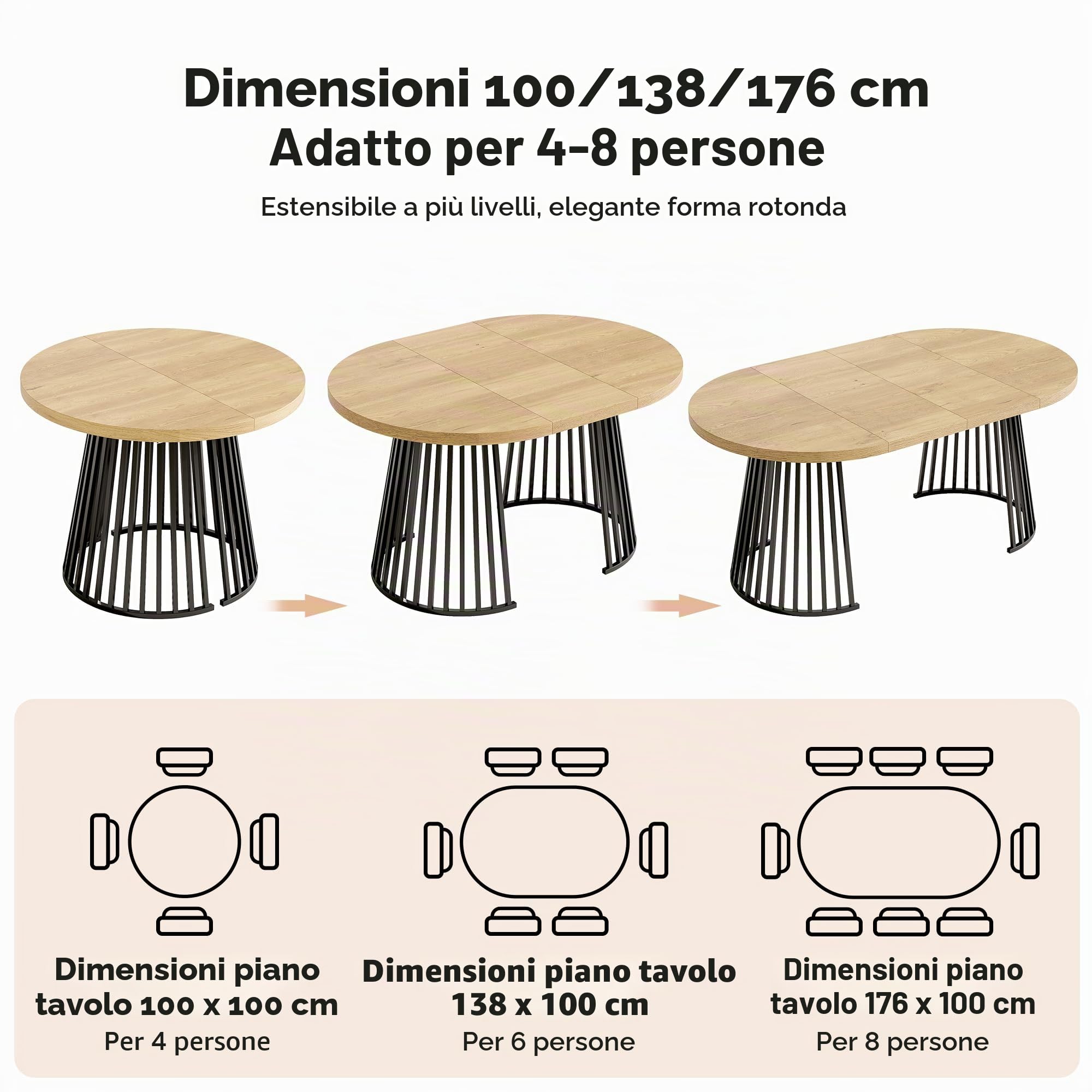 Wiuzo Tavolo da pranzo allungabile 100/138/176 x 100 cm, tavolo da pranzo rotondo per 4-8 persone, design telescopico a due pezzi, piano spesso (colore rovere + nero)