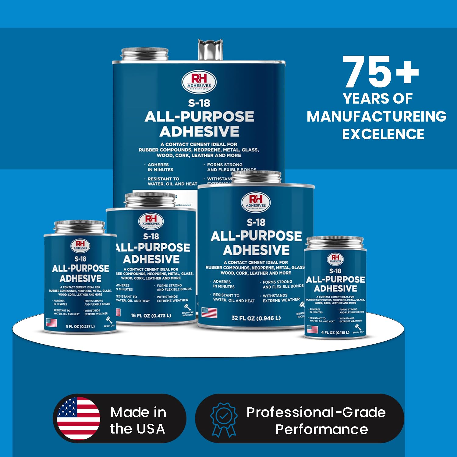 S-18 All-Purpose Adhesive, 16 oz. can - Multi-Purpose, Rubber, Metal, Leather, Felt, Wood, Neoprene, Glass, Flexible, Waterproof, Long Lasting - RH Adhesives