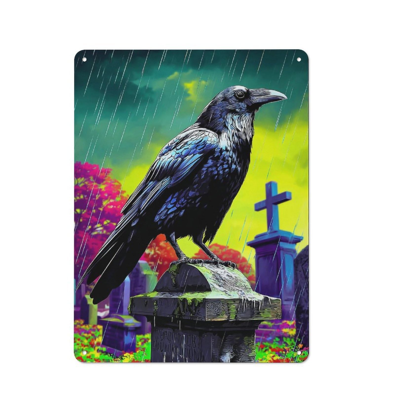 Junmoney Rainy Cemetery Raven-1 Retro Vintage Metal Sign 40X30cm, Small Space Decor For Hallway, Home Bar, Garage Or Study
