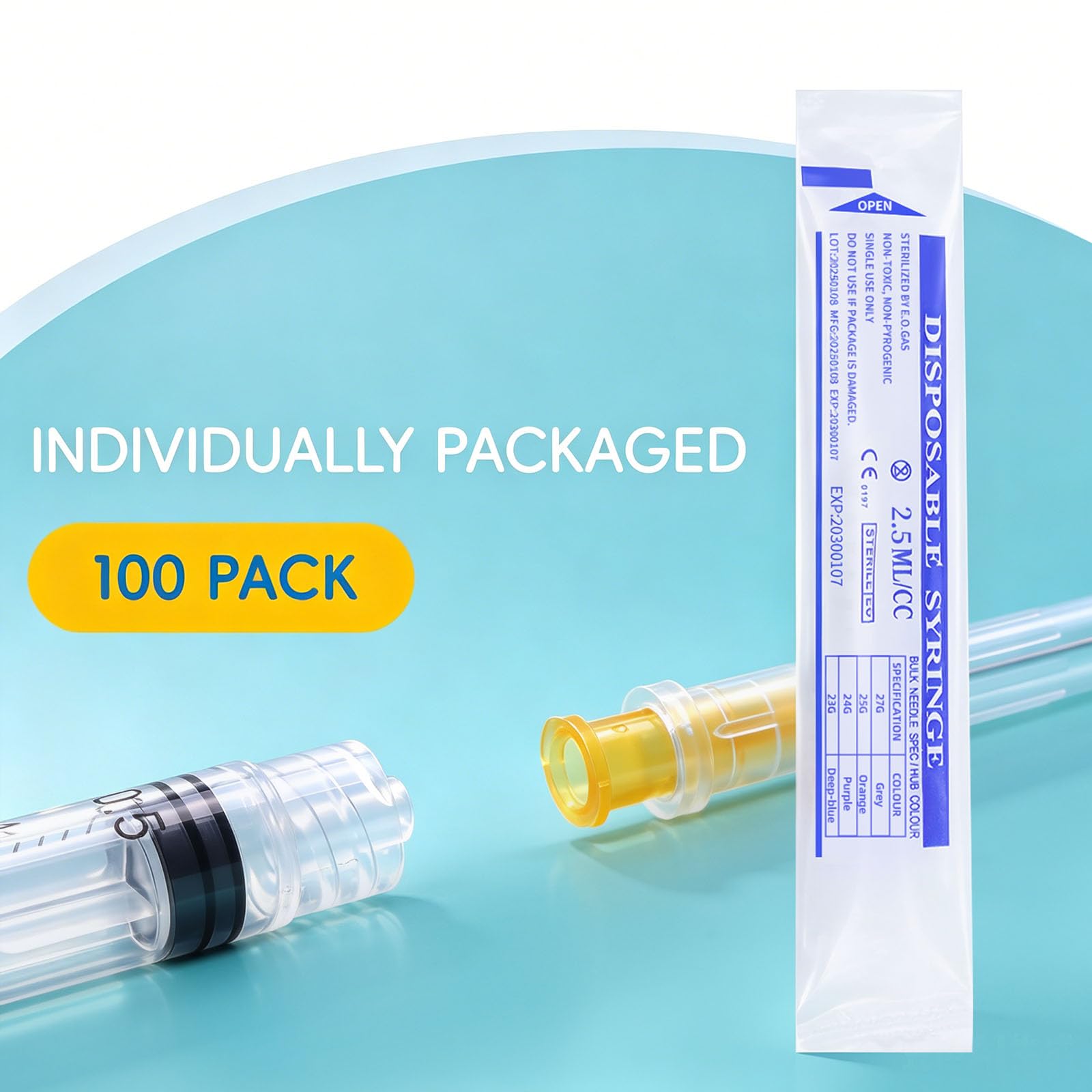 100 Pack 2.5ml Luer Lock Syringes 25G x 1 Inch, Individually Wrapped for Precise Lab Scientific Applications — Amazon image 3