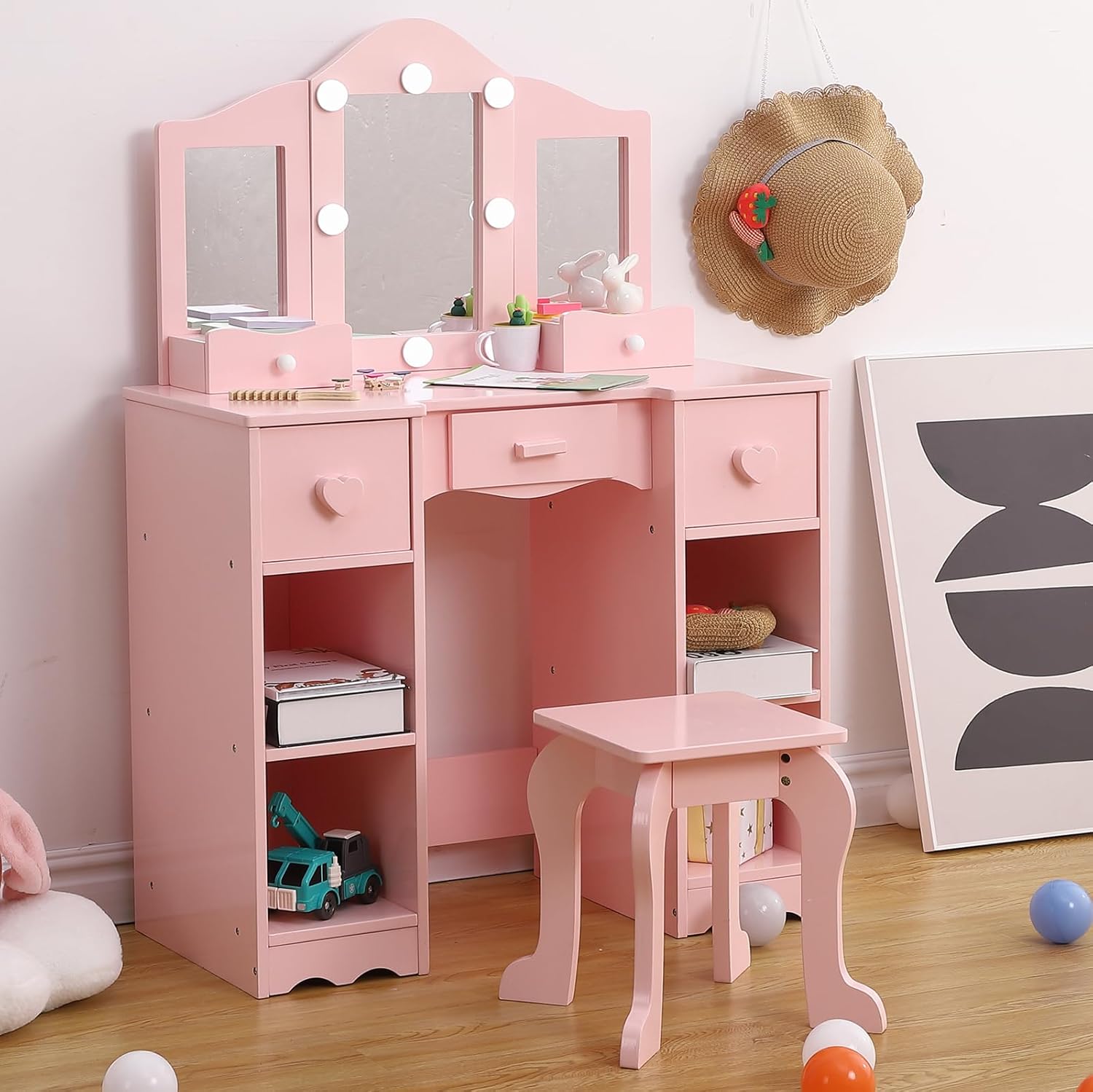 Kids Vanity Set With Mirror, 2 in-1 Wooden Toddler Vanity Table With Stool, Tri-Folding Mirror & Drawer, Princess Pretend Play Makeup Vanity Princess Makeup Desk Dressing Table for Little Girls