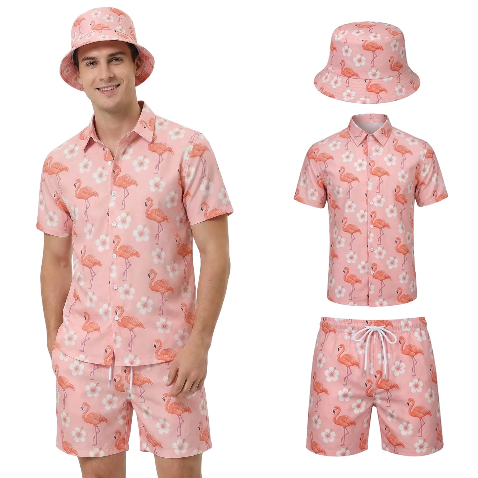 Joyesplay Hawaiian Shirt and Shorts Set for Men 3 Pcs,Funny Men's Beach Flamingo Print Shirts Set with Hat for Tropical Beach Holiday Shirts (Pink-2, XL)