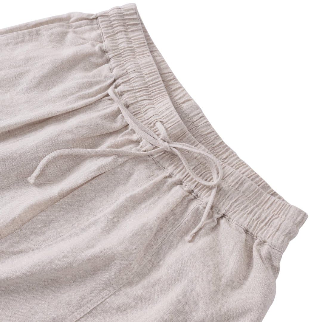 Amazhiyu Pantaloni da donna in puro lino estivo con elastico in vita con coulisse