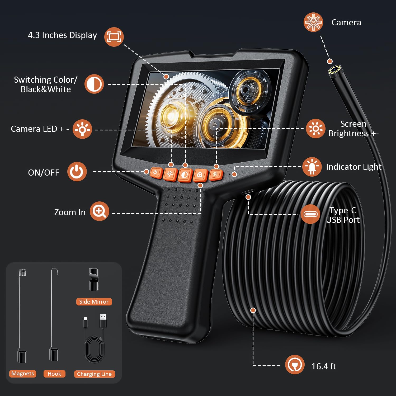 Caméra endoscopique avec lumière, caméra d'inspection de 10,9 cm pour endoscope industriel étanche, 4,6 m, zone flexible de trou serpent pour