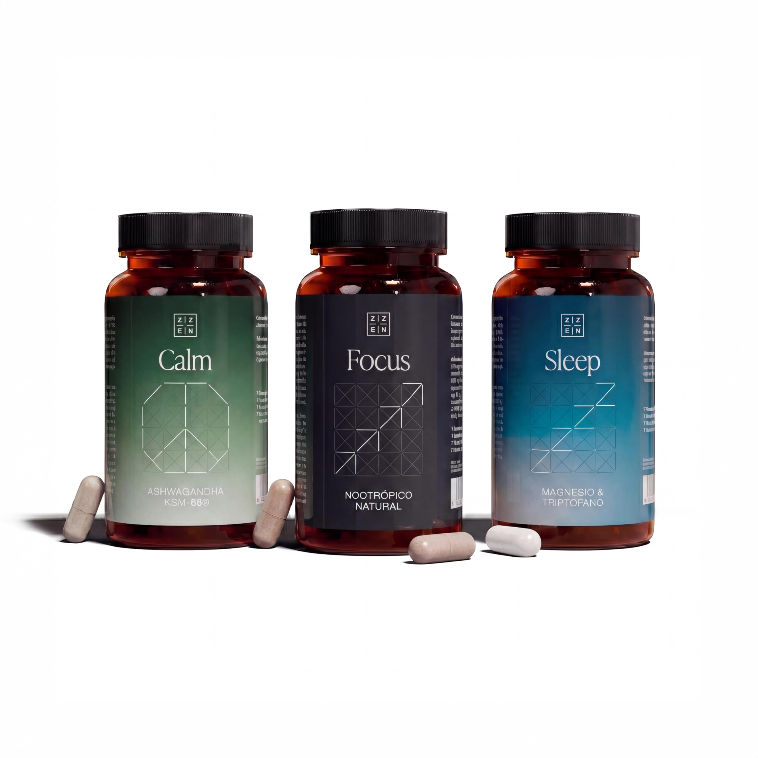 MODO ZZEN - Pack de 3 | Nootrópico para la Memoria, Energía y Concentración (FOCUS) + Ashwagandha KSM-66 para el Estrés (CALM) + Magnesio Bisglicinato y L-Triptófano para el Sueño Profundo (SLEEP)