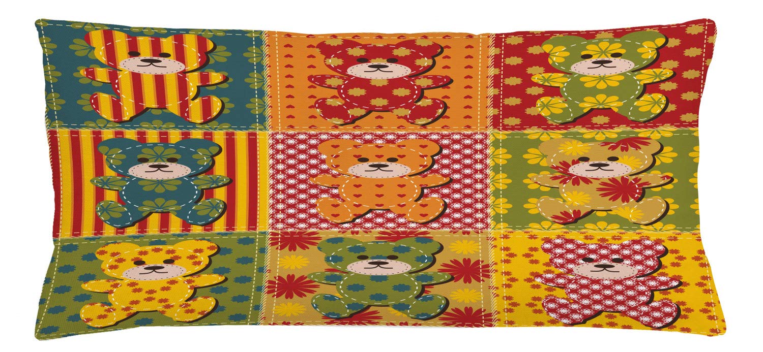 Lunarable Cabin Throw Pillow Cushion Cover, Colorful Pattern with Patchwork Style Teddy Bears Toys Funny Print, Decorative Square Accent Pillow Case, 36