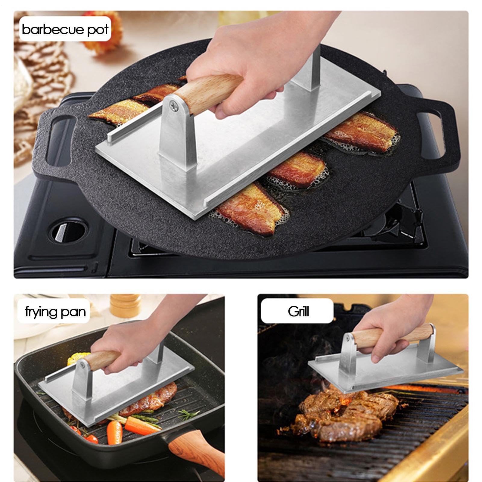 Pressa per Bistecca al Bacon, Peso di Cottura in Ghisa, Design con Impugnatura Comoda con Manico in Legno, Spianatrice Antiaderente Resistente, Accessorio per Padella per per Hamburger per Attr
