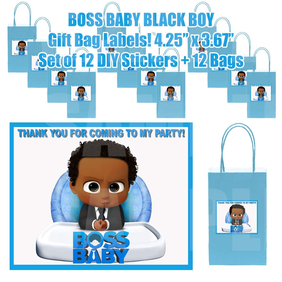 Buy Party Over Here Black Boss Baby Stickers + Light Blue Gift Bags