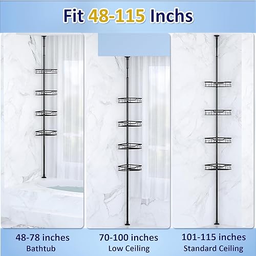 Miniatura 5 de Esquina esquinera para ducha, 4 niveles ajustables de 48 a 115 pulgadas, ajustable, a prueba de óxido, poste de tensión, estante de baño de pie con