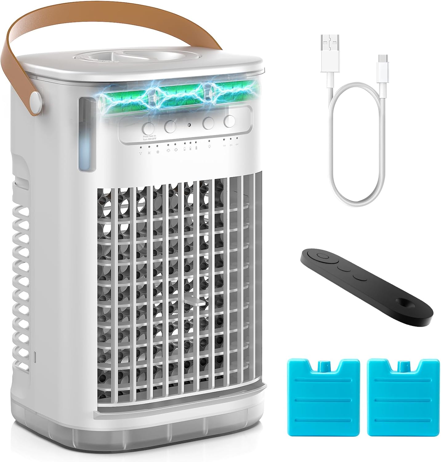 (Refurbished) Mini Air Conditioner, Portable Air Conditioners w/Remote, 5400mAh Built-in Battery, 1.2L Water Tank & 2 Ice Boxes, Auto-off Timer, Evaporative Air Cooler With 3Speeds, Desktop Fan For HomeOutdoors