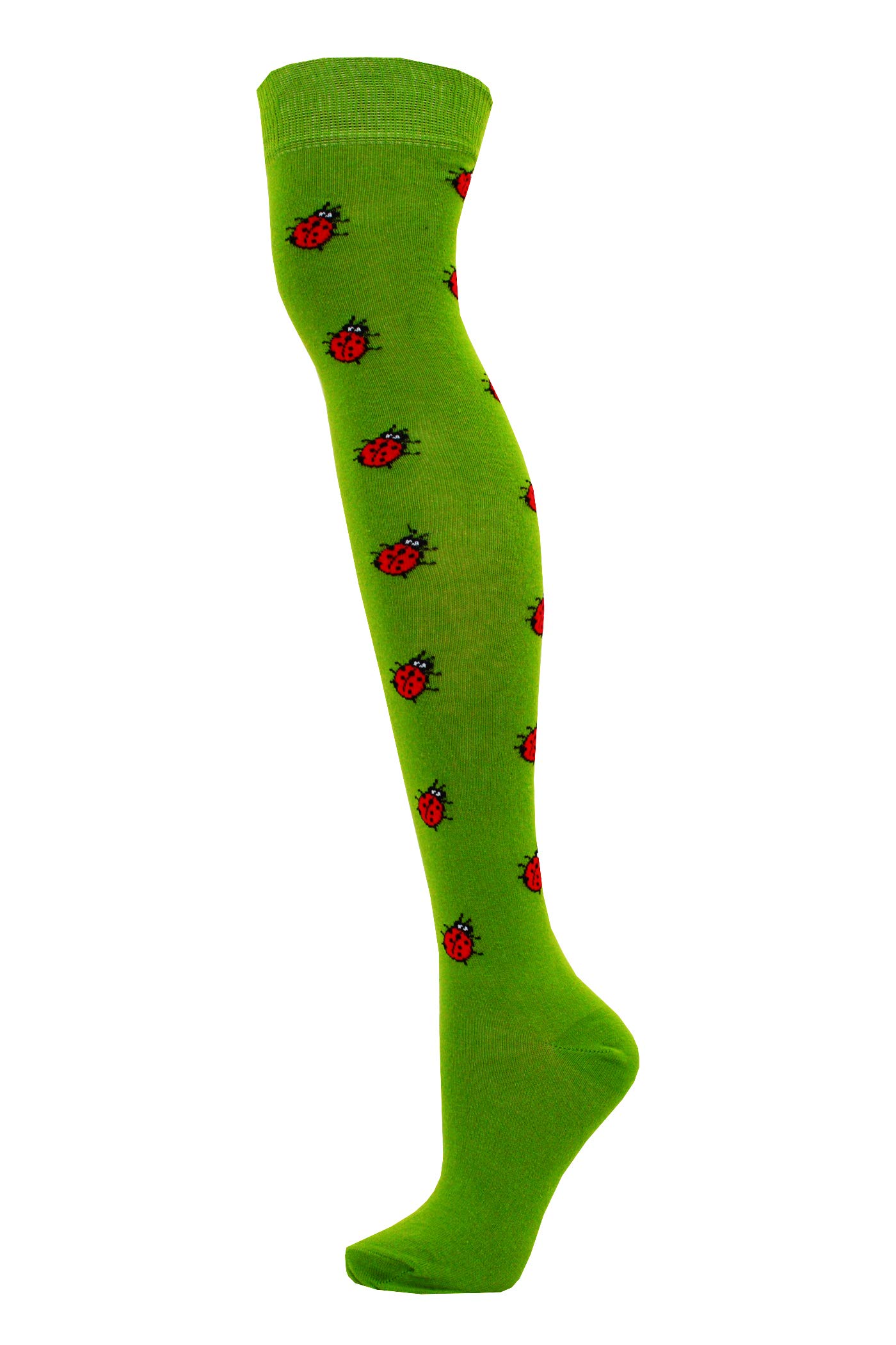 M Macahel Women's Ladybird Green Macahel Festive Over The Knee Ladybird Ladybug Design Socks Size 4-8 (Ladybird Green)