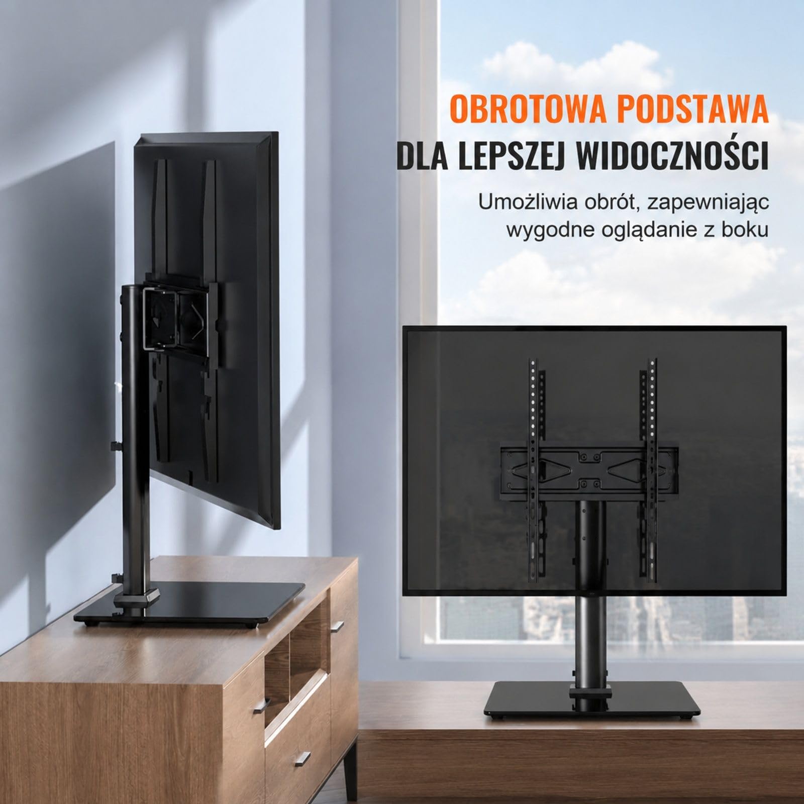 Uniwersalny stojak pod telewizor na kółkach, obrotowy i z regulacją wysokości, z systemem prowadzenia kabli