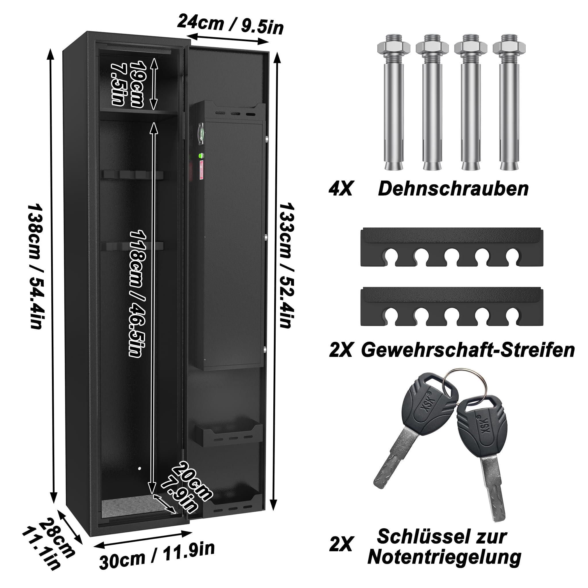 LARS360 Waffenschrank für bis zu 5 Langwaffen, Waffentresor aus Stahl, Langwaffenschränke Munitionsschrank mit Zahlenschloss, Alarmfunktion, LED-Innenlicht, inkl. 2 Notschlüssel und Montagematerial