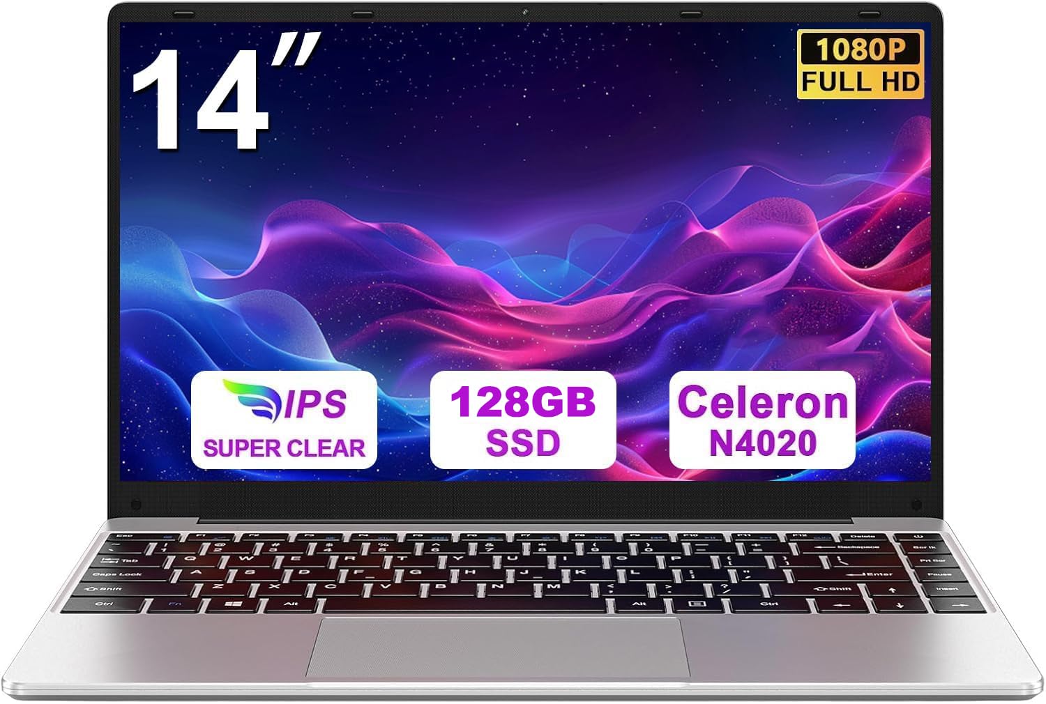 bvate PC Portatile 14 pollici Notebook Win 11 upto 2.8 GHz 128 GB ROM Supporta l'espansione SSD 1TB Celeron N4020 2.4G+5G WiFi 4.2 USB HDMI Tastiera italiana membrana mouse senza fili-Silver-FXJ