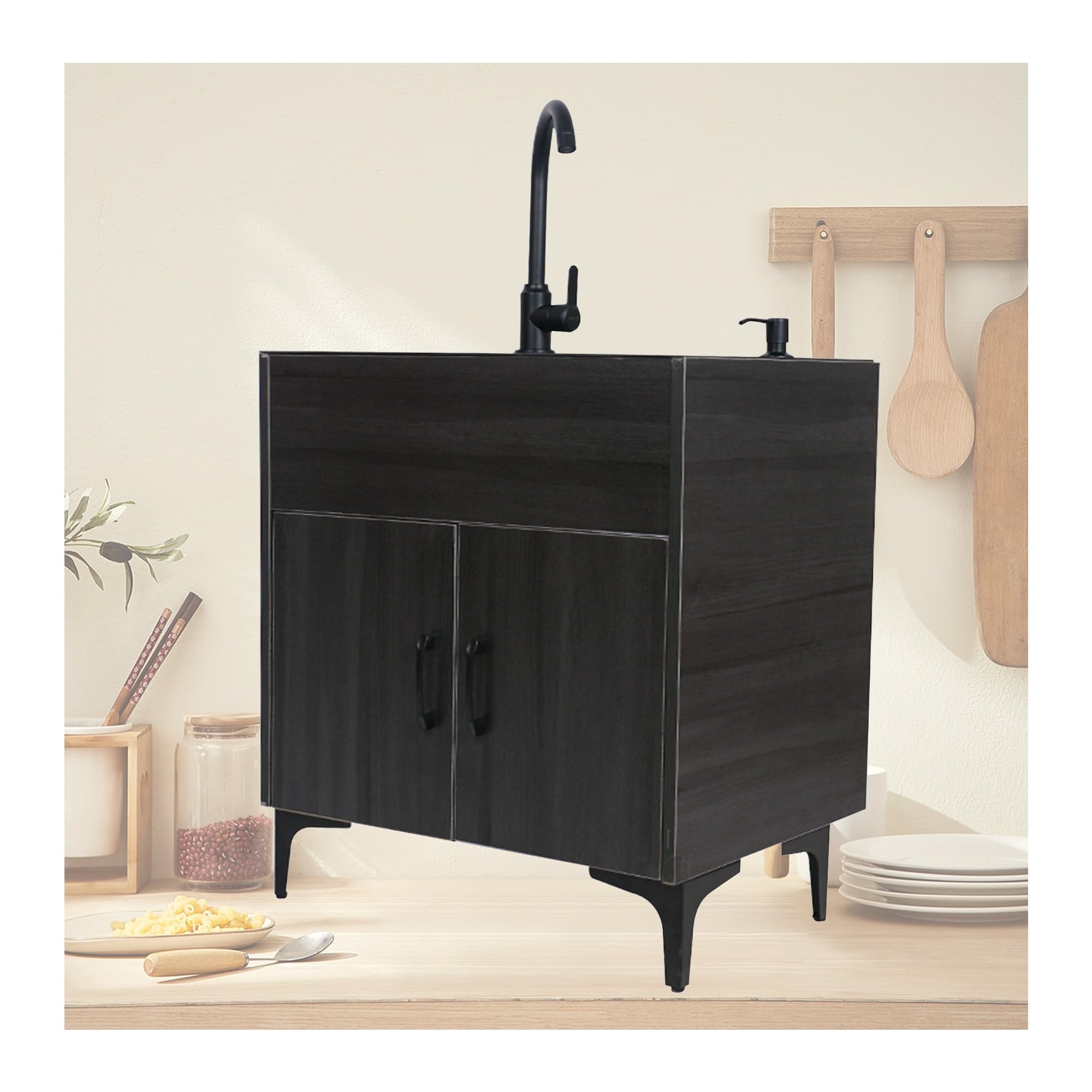 LMYSXAOZ Freestanding Outdoor Stainless Steel Kitchen Sink with CabinetBlack Commercial Laundry for Home & Bathroom Use