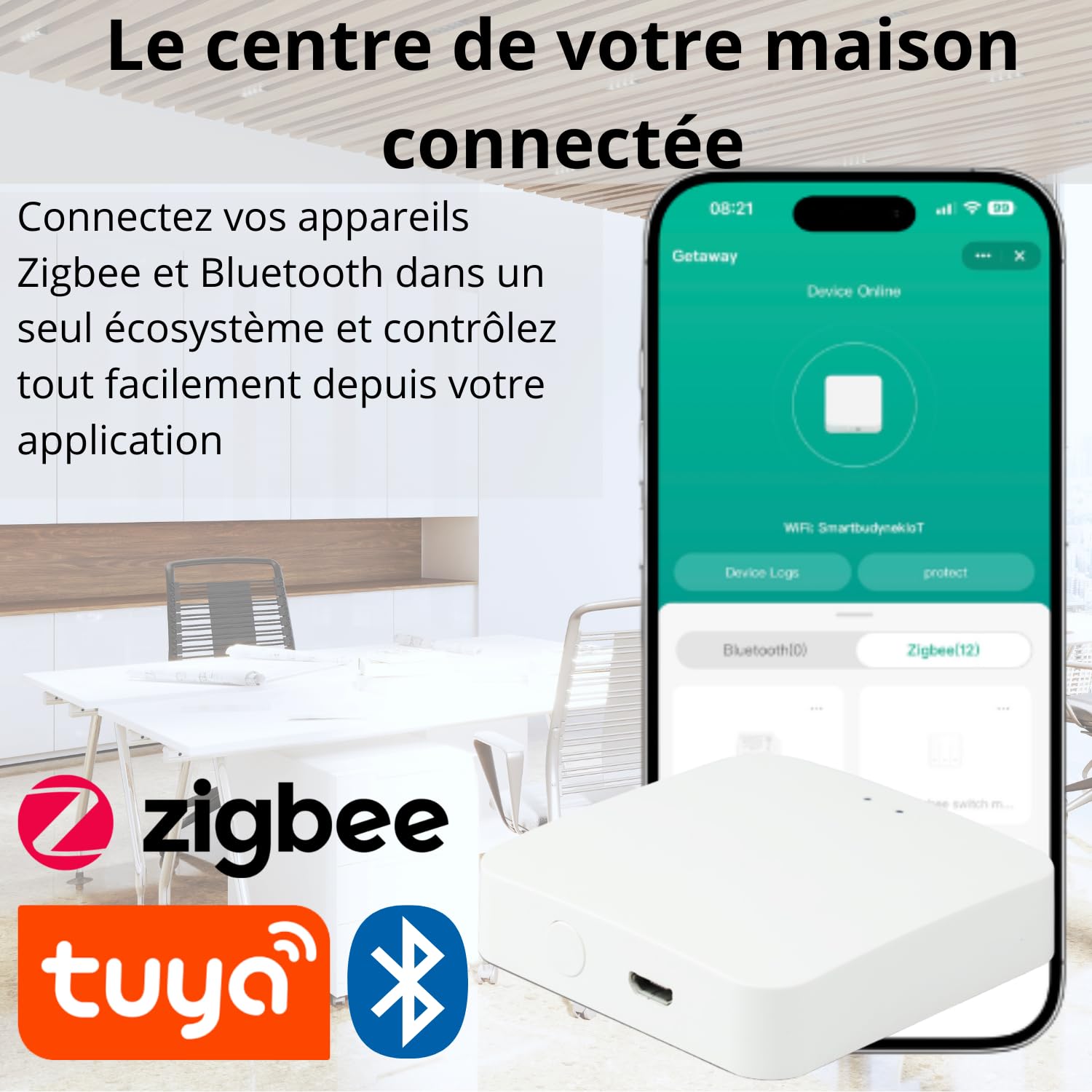 Sone Smart One Passerelle Zigbee 3.0 Tuya/Smart Life – Hub Zigbee + Bluetooth – Jusqu'à 50 Appareils – Connexion WiFi 2.4GHz – Alimentation MicroUSB – Format Compact 60x60x15mm