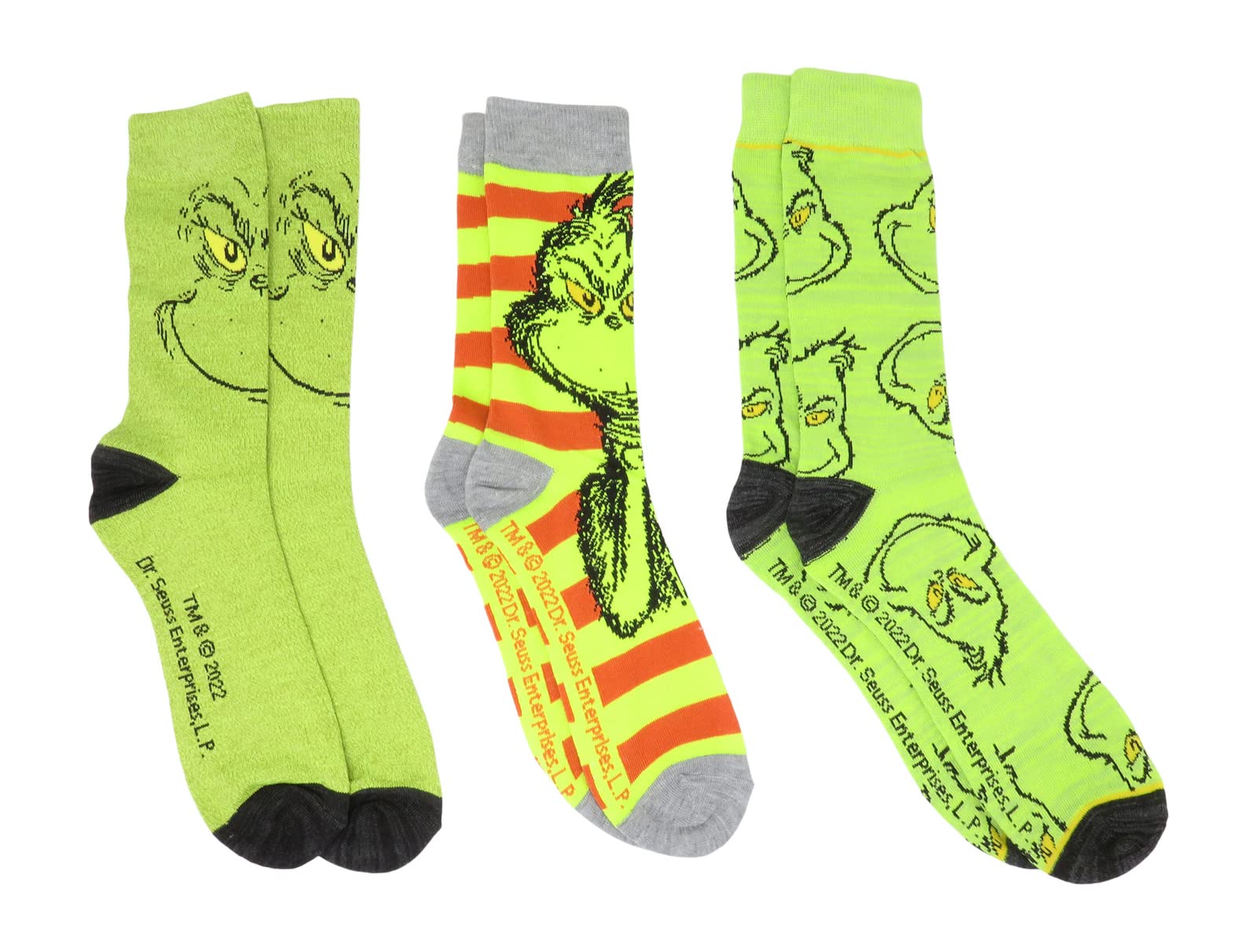 BioworldDr. Seuss The Grinch Who Stole Christmas Crew Socks 3 Pair Pack, Multi, M