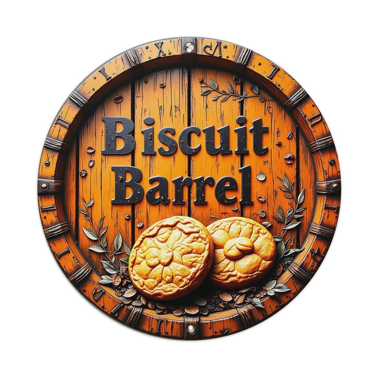 Biscuit Barrel Barrel Design Retro Metal Sign Round Tin Sign, Vintage Decor Art Poster for Bar, Home, Man Cave, Kitchen, Laundry Room Gift 8x8Inch