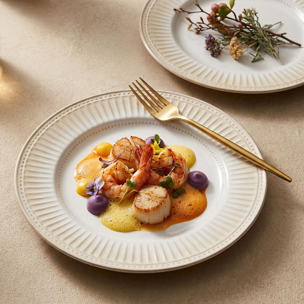 Ceramic Dinner Plate Set, Ceramic Dinner Plate, Embossed Salad Plate, 10-inch Cutlery Set, Vintage Cream-Style Plate, Microwave, Oven, and Dishwasher Safe, Scratch-Resistant