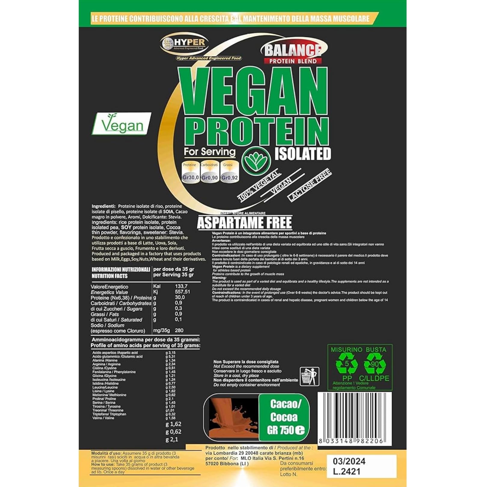 Proteine Vegane Vegetali Vegan in Polvere G 1500 Cacao Con Proteine Del