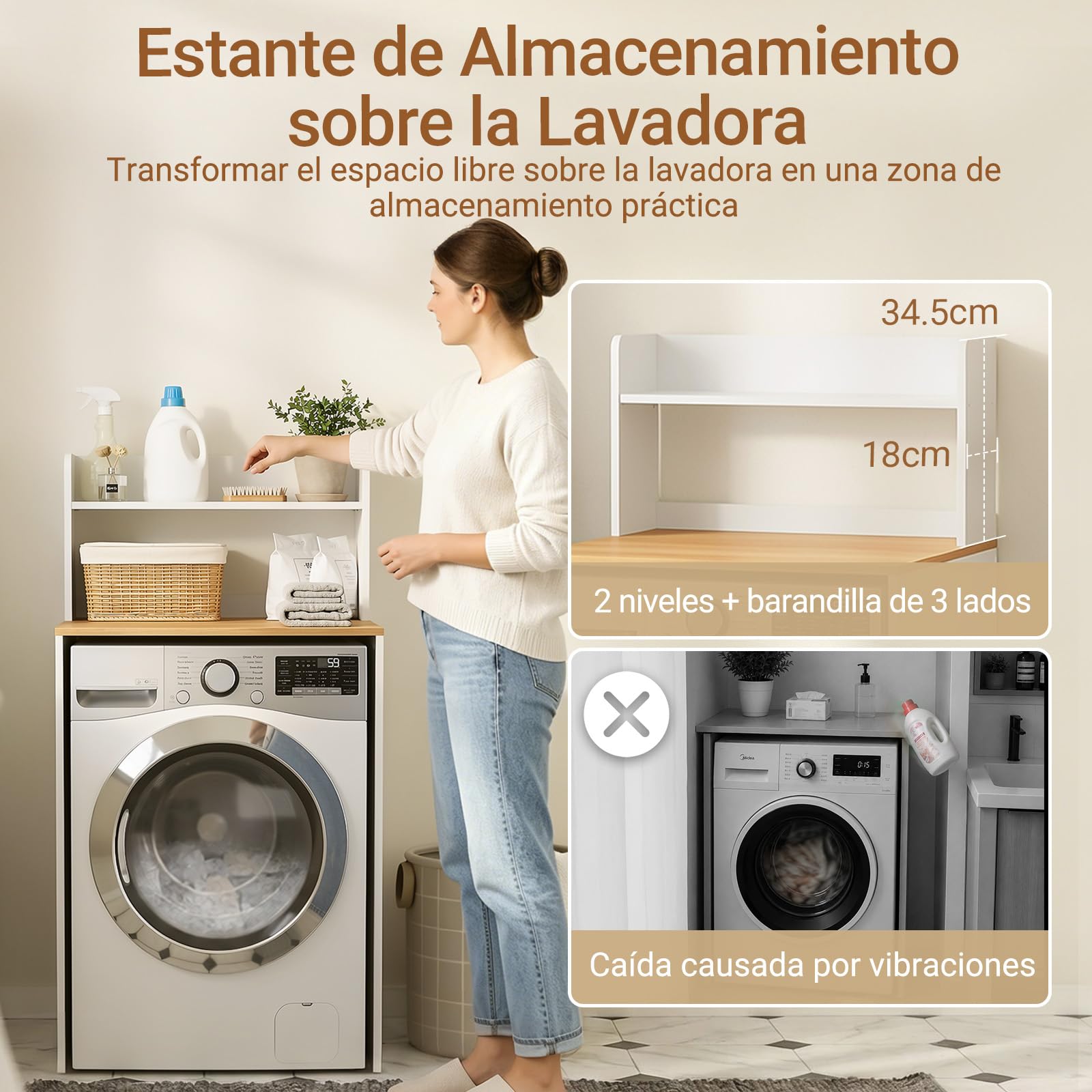 SoBuy Mueble Lavadora con Barandilla Anticaída 66x60x127 cm para Lavandería | Estantería Lavadora, Armario Baño con Encimera, Mueble Auxiliar Baño Blanco y Madera Natural BZR224-WN