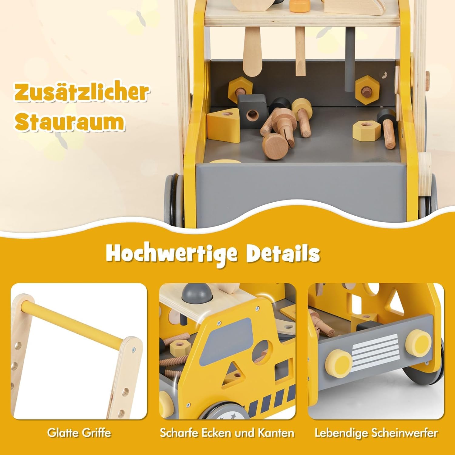 FANTASK Passeggino in legno, 2 in 1, per bambini a partire da 1 anno, con centro di attività e banco da lavoro