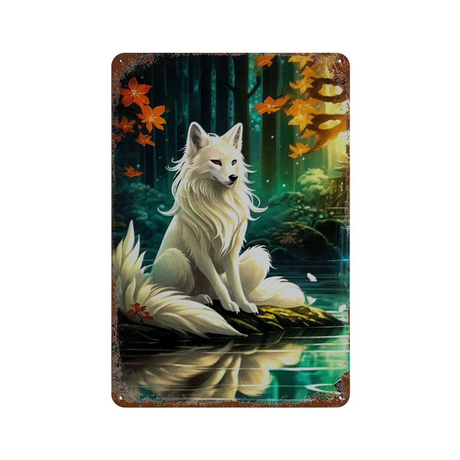 Vintage Rust Metal Sign with Sakura Kitsune Fox Design 11.8"x7.9", for Office, Studio And Wall Decor, Farmhouse Wall Decor