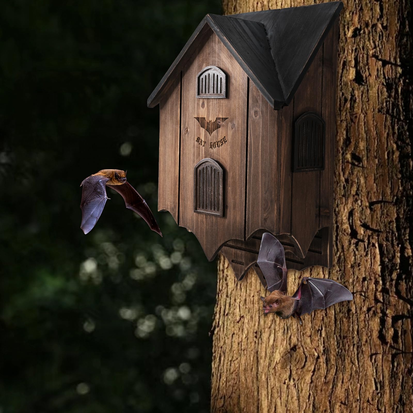 Fledermaushaus für draußen – Große Doppelkammer Fledermausbox mit einzigartigem Design, um Fledermäuse anzulocken, stabiler Holz-Fledermaus-Unterstand für draußen für Baum
