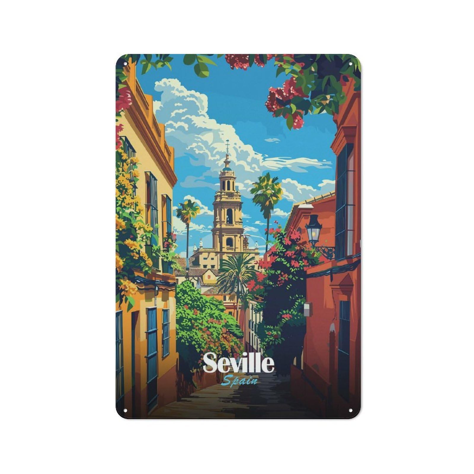 Junmoney Style-17 Tin Wall Plaque 30X20cm With Seville, Spain Street View Illustration For Guest Room Or Hallway, For Updating Guest Room And Hallway After Moving